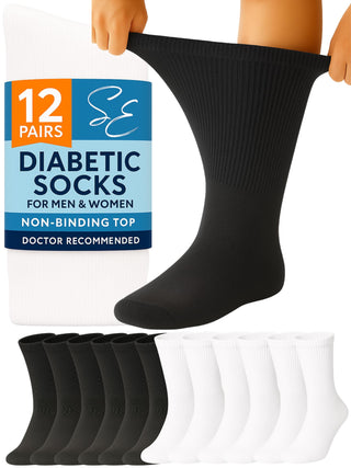 Special Essentials 12 Pairs Cotton Diabetic Socks for Men & Women - Non-Binding Extra Wide Top Neuropathy Socks - Crew Socks