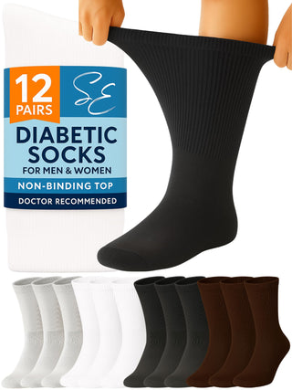 Special Essentials 12 Pairs Cotton Diabetic Socks for Men & Women - Non-Binding Extra Wide Top Neuropathy Socks - Crew Socks