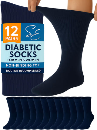 Special Essentials 12 Pairs Cotton Diabetic Socks for Men & Women - Non-Binding Extra Wide Top Neuropathy Socks - Crew Socks