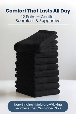 Special Essentials 12 Pairs Cotton Diabetic Socks for Men & Women - Non-Binding Extra Wide Top Neuropathy Socks - Crew Socks