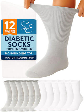 Special Essentials 12 Pairs Cotton Diabetic Socks for Men & Women - Non-Binding Extra Wide Top Neuropathy Socks - Crew Socks