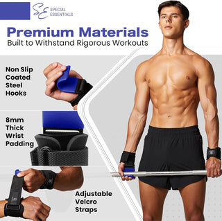 Special Essentials Weight Lifting Hooks - 1 Pair of Premium Steel Hooks with Padded Wrist Straps