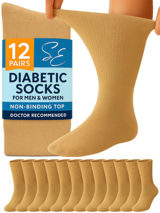 Special Essentials 12 Pairs Cotton Diabetic Socks for Men & Women - Non-Binding Extra Wide Top Neuropathy Socks - Crew Socks