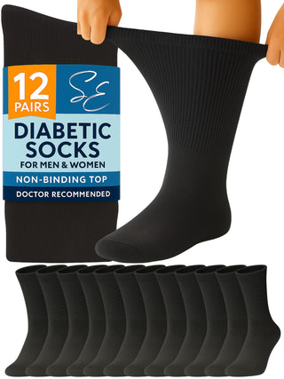 Special Essentials 12 Pairs Cotton Diabetic Socks for Men & Women - Non-Binding Extra Wide Top Neuropathy Socks - Crew Socks