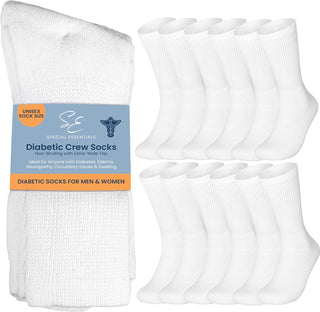 Special Essentials 12 Pairs Cotton Diabetic Socks for Men & Women - Non-Binding Extra Wide Top Neuropathy Socks - Crew Socks