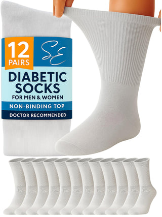 Special Essentials 12 Pairs Cotton Diabetic Socks for Men & Women - Non-Binding Extra Wide Top Neuropathy Socks - Crew Socks