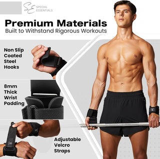 Special Essentials Weight Lifting Hooks - 1 Pair of Premium Steel Hooks with Padded Wrist Straps