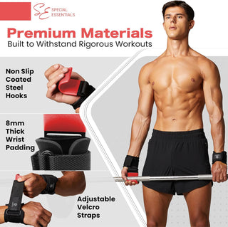 Special Essentials Weight Lifting Hooks - 1 Pair of Premium Steel Hooks with Padded Wrist Straps