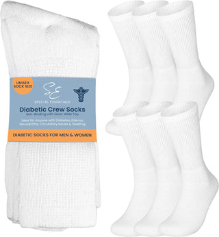 Special Essentials 6 Pairs Cotton Diabetic Socks for Men & Women - Non-Binding Extra Wide Top Neuropathy Socks - Crew Socks