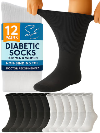 Special Essentials 12 Pairs Cotton Diabetic Socks for Men & Women - Non-Binding Extra Wide Top Neuropathy Socks - Crew Socks