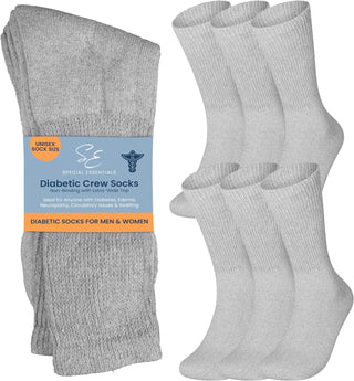 Special Essentials 6 Pairs Cotton Diabetic Socks for Men & Women - Non-Binding Extra Wide Top Neuropathy Socks - Crew Socks