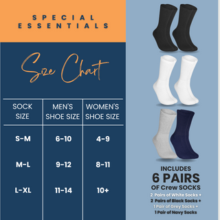 Special Essentials 6 Pairs Non-Binding Diabetic & Circulator Crew Socks For Men & Women - Soft Moisture-Wicking Cotton