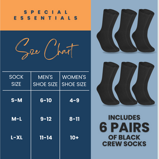 Special Essentials 6 Pairs Non-Binding Diabetic & Circulator Crew Socks For Men & Women - Soft Moisture-Wicking Cotton
