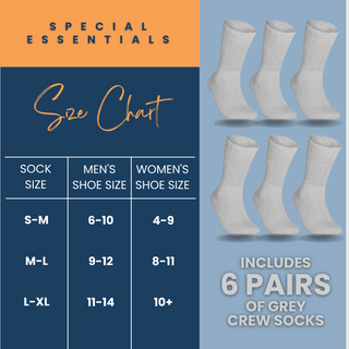 Special Essentials 6 Pairs Non-Binding Diabetic & Circulator Crew Socks For Men & Women - Soft Moisture-Wicking Cotton