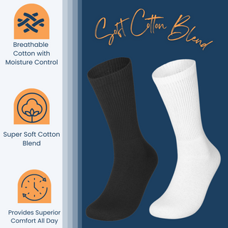 Special Essentials 6 Pairs Cotton Diabetic Socks for Men & Women - Non-Binding Extra Wide Top Neuropathy Socks - Crew Socks