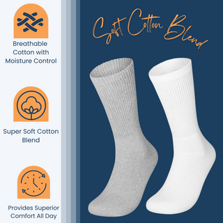 Special Essentials 6 Pairs Cotton Diabetic Socks for Men & Women - Non-Binding Extra Wide Top Neuropathy Socks - Crew Socks