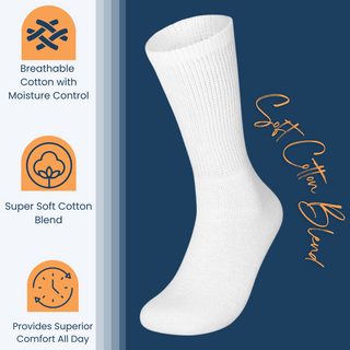 Special Essentials 6 Pairs Cotton Diabetic Socks for Men & Women - Non-Binding Extra Wide Top Neuropathy Socks - Crew Socks