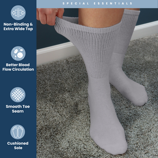 Special Essentials 6 Pairs Cotton Diabetic Socks for Men & Women - Non-Binding Extra Wide Top Neuropathy Socks - Crew Socks