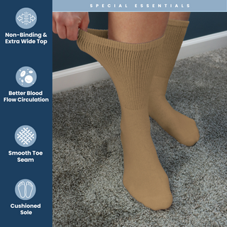 Special Essentials 6 Pairs Cotton Diabetic Socks for Men & Women - Non-Binding Extra Wide Top Neuropathy Socks - Crew Socks