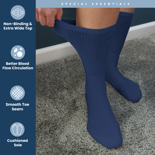 Special Essentials 6 Pairs Cotton Diabetic Socks for Men & Women - Non-Binding Extra Wide Top Neuropathy Socks - Crew Socks