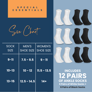 Special Essentials 12 Pairs Cotton Diabetic Ankle Socks - Non-Binding With Extra Wide Top For Men and Women