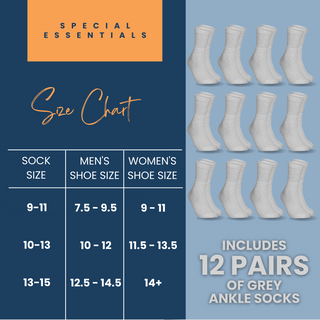 Special Essentials 12 Pairs Cotton Diabetic Ankle Socks - Non-Binding With Extra Wide Top For Men and Women