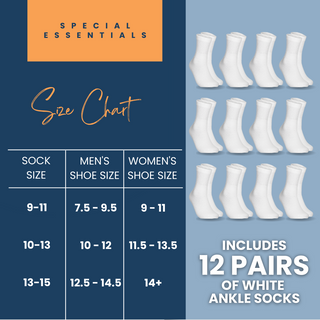 Special Essentials 12 Pairs Cotton Diabetic Ankle Socks - Non-Binding With Extra Wide Top For Men and Women