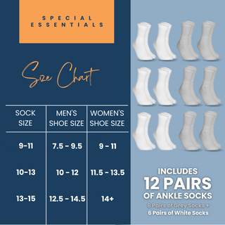 Special Essentials 12 Pairs Cotton Diabetic Ankle Socks - Non-Binding With Extra Wide Top For Men and Women