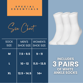 Special Essentials 3 Pairs Cotton Diabetic Ankle Socks - Non-Binding With Extra Wide Top For Men and Women