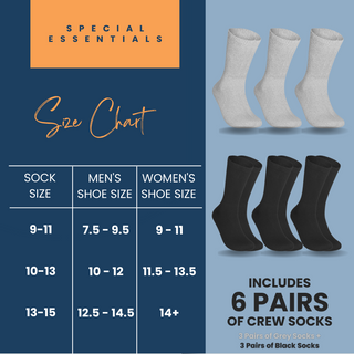 Special Essentials 6 Pairs Cotton Diabetic Socks for Men & Women - Non-Binding Extra Wide Top Neuropathy Socks - Crew Socks