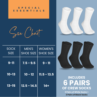 Special Essentials 6 Pairs Cotton Diabetic Socks for Men & Women - Non-Binding Extra Wide Top Neuropathy Socks - Crew Socks