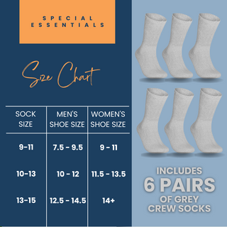 Special Essentials 6 Pairs Cotton Diabetic Socks for Men & Women - Non-Binding Extra Wide Top Neuropathy Socks - Crew Socks
