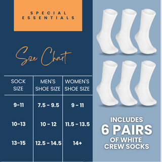 Special Essentials 6 Pairs Cotton Diabetic Socks for Men & Women - Non-Binding Extra Wide Top Neuropathy Socks - Crew Socks