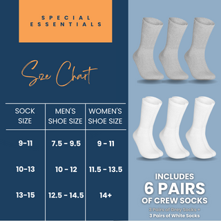 Special Essentials 6 Pairs Cotton Diabetic Socks for Men & Women - Non-Binding Extra Wide Top Neuropathy Socks - Crew Socks