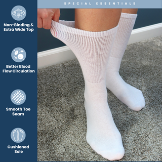Special Essentials 6 Pairs Cotton Diabetic Socks for Men & Women - Non-Binding Extra Wide Top Neuropathy Socks - Crew Socks