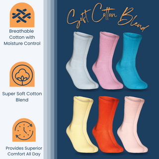 Special Essentials 6 Pairs Non-Binding Diabetic & Circulator Crew Socks For Men & Women - Soft Moisture-Wicking Cotton